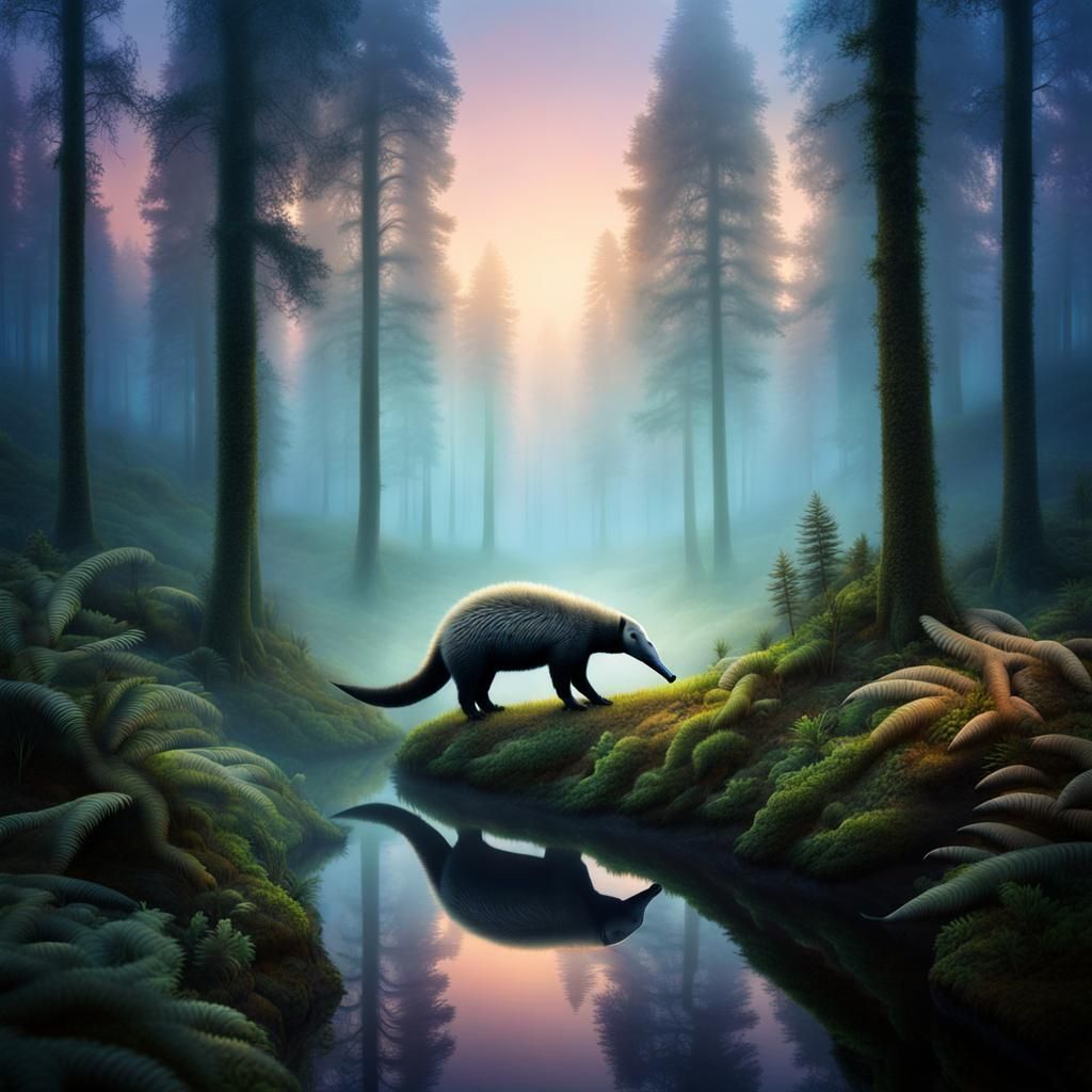 Surreal Anteater in Mirrored Twilight Forest