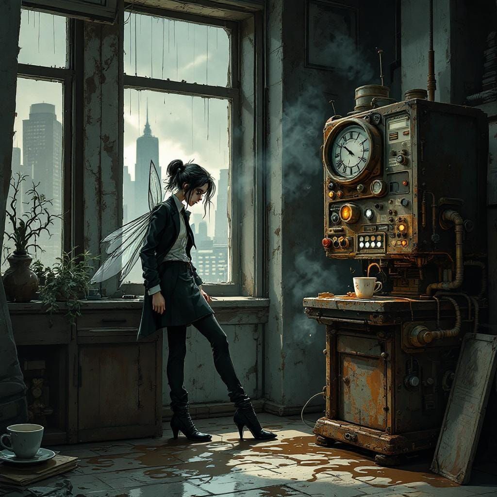 Weary Fairy in Dim Office Break Room, Tim Burton Style