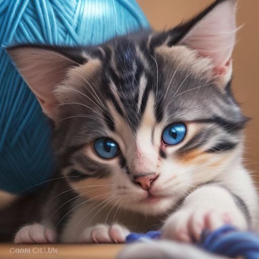Calico Kitten with Yarn: Close-Up Photography