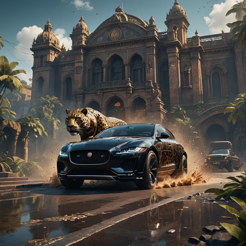 Black Panther on Jaguar Car: Detailed Matte Painting