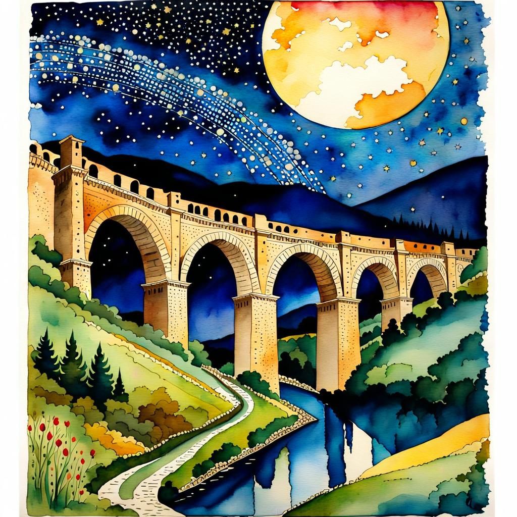 Ancient Roman Aqueduct in British Countryside Watercolor