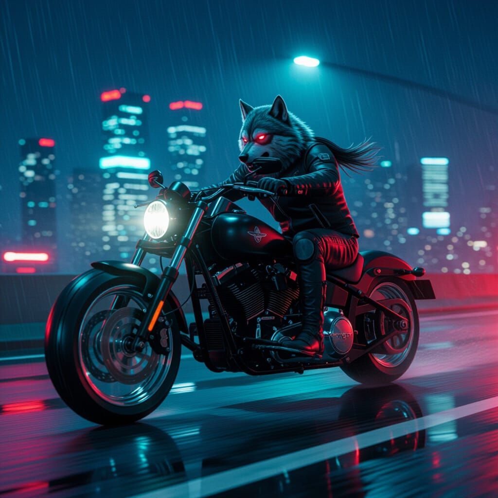 Wolf Motorcyclist Speeds Down Highway in Neon Noir Style