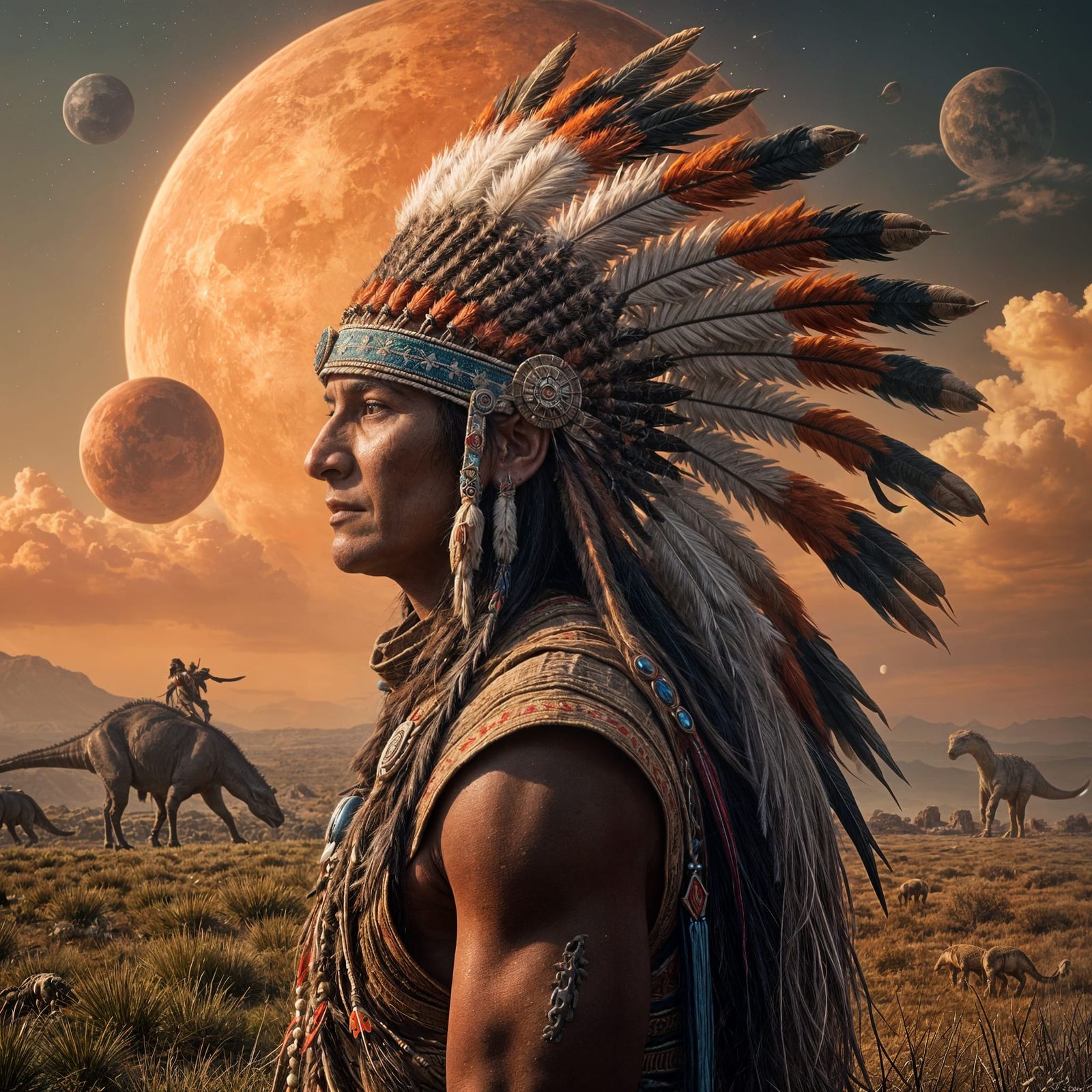 Native American and Dinosaurs on Prairie