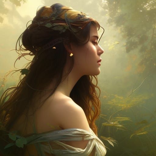 Queen Posing by Overgrown River, Hyperdetailed Portrait