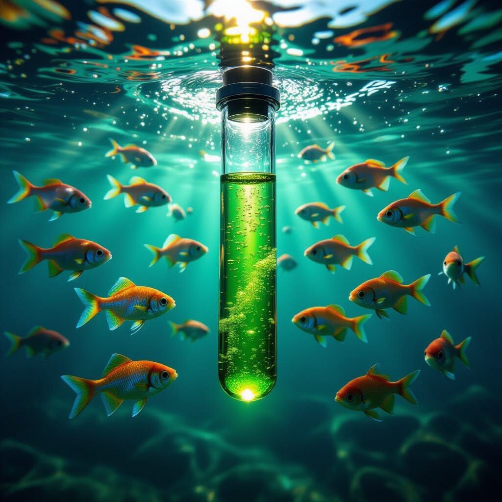 Glowing Potion in Lake with Fish, Realistic Photo
