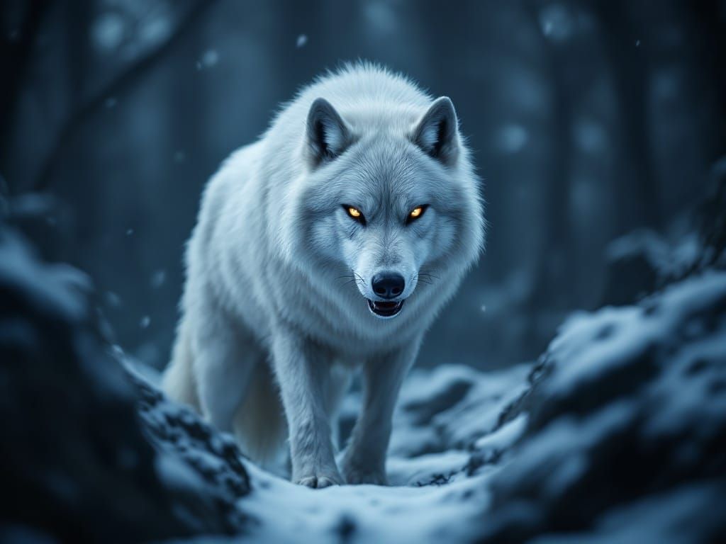 Majestic White Wolf in the Dark Wilderness