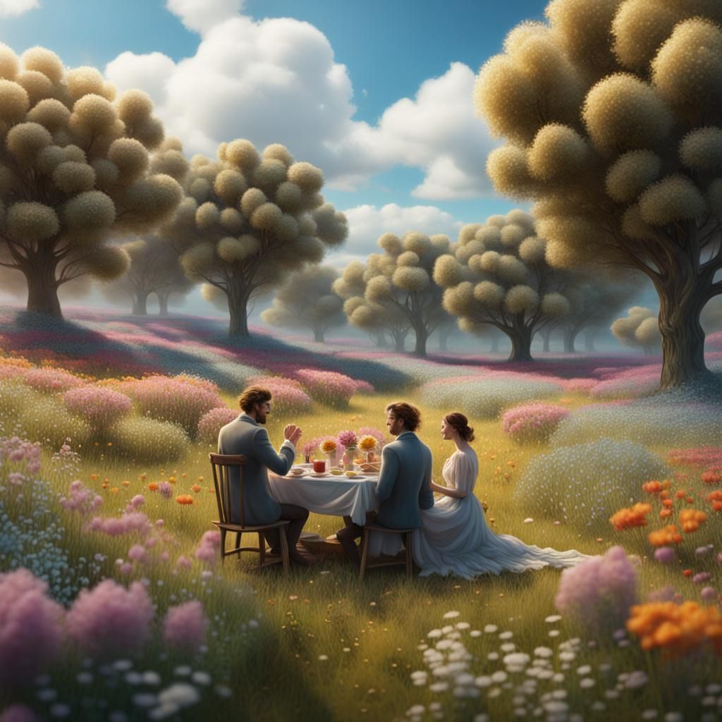 Happy Couple's Picnic in a Field of Flowers