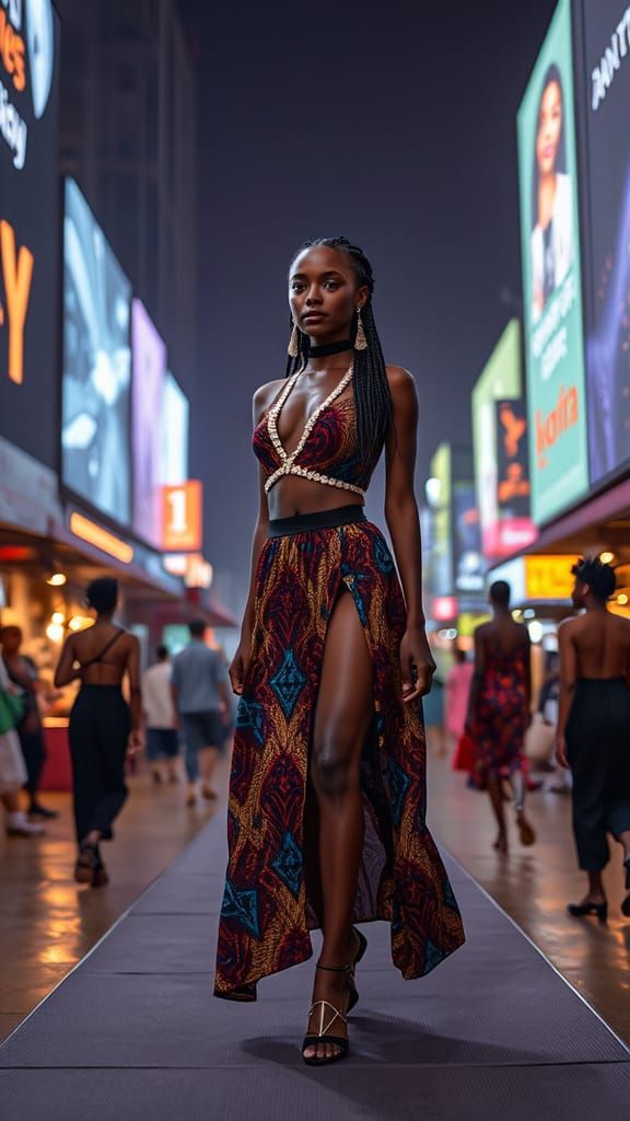 Afrofuturistic Fashion Runway in Cyberpunk Nairobi