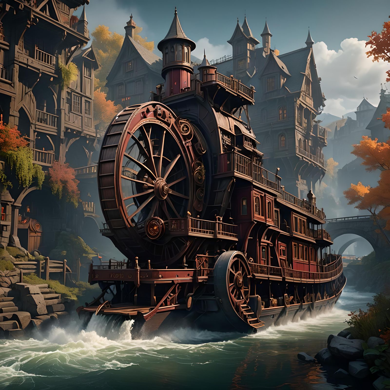 Vampire Riverboat with Waterwheel: Detailed Matte Painting