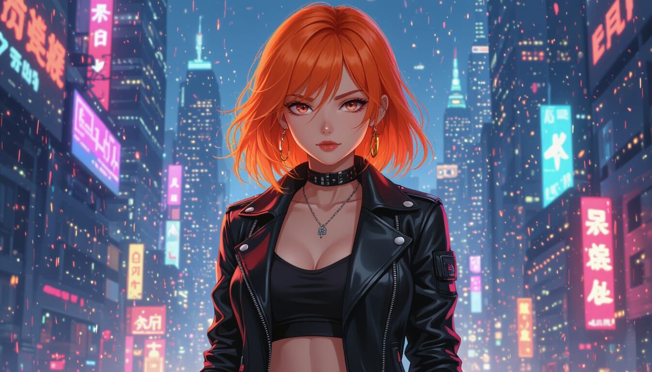 Cyberpunk Anime Girl in Neon Cityscape
