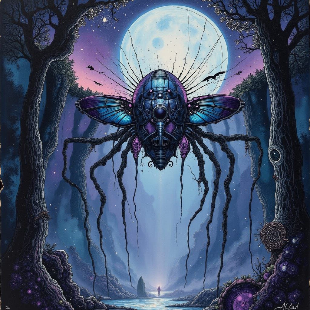 Colossal Bioluminescent Scarab on Giant Spiderweb in Misty F...