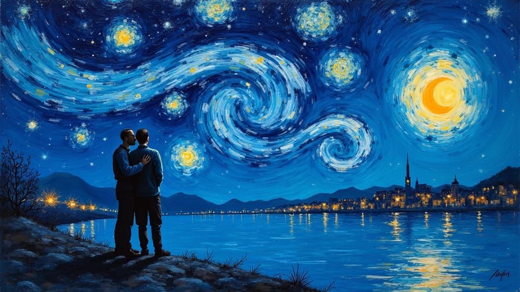 Starry Night over the Rhone: Two Men Embracing under a Celes...