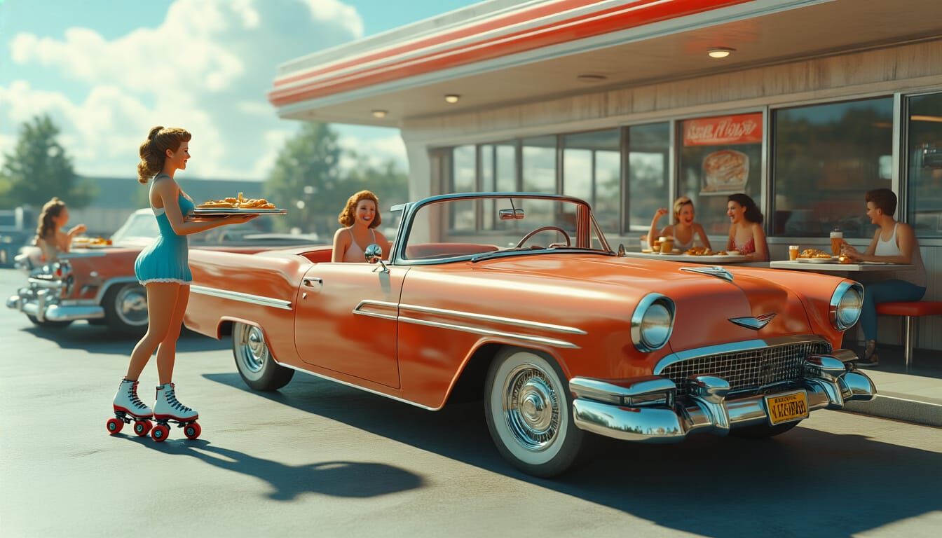1950s Convertible at a Futuristic Drive-Up Diner