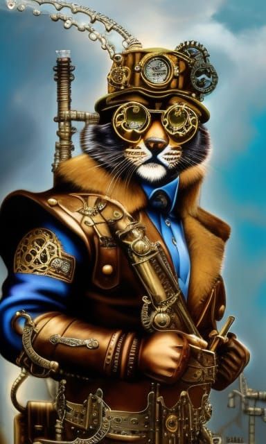 Steampunk Jaguar General in Brass Storybook Realism