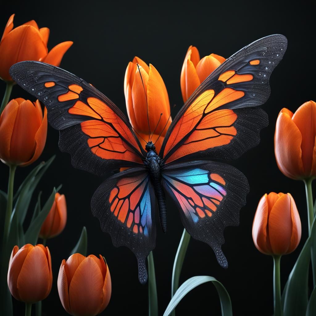 Iridescent Butterfly on Orange Tulip: Detailed Matte Paintin...