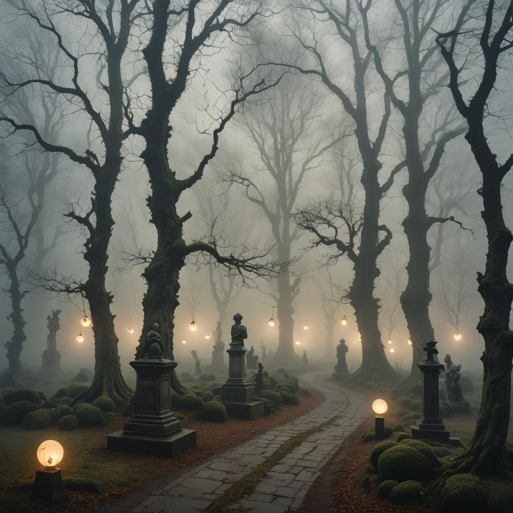 Ethereal Dreamscape: Misty Landscape with Glowing Lights