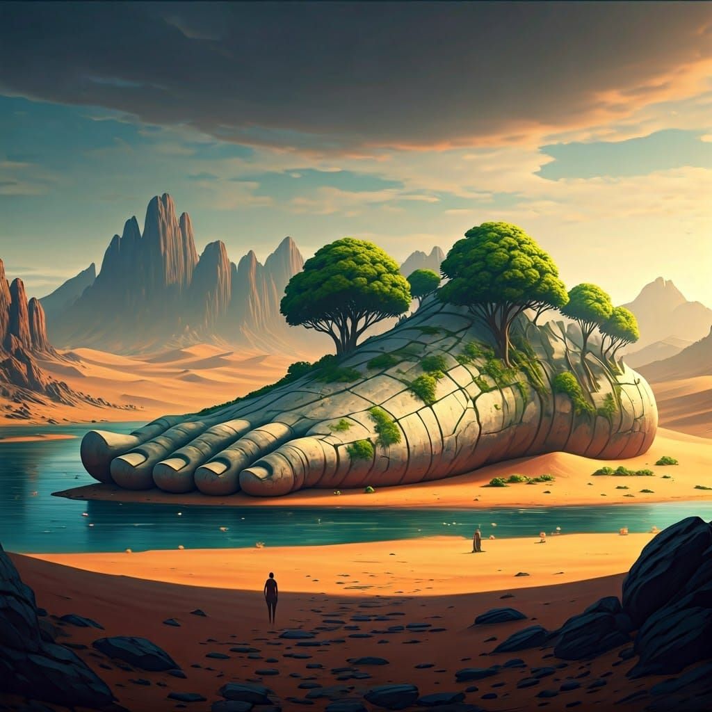 Abandoned Colossal Foot in Desert Oasis