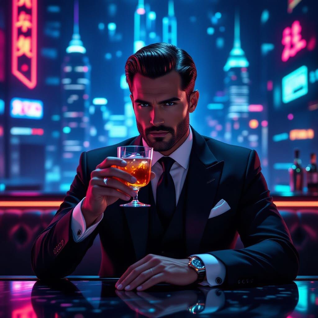 20th Century Gentleman Sips Cocktail in Retro-Futuristic Lou...