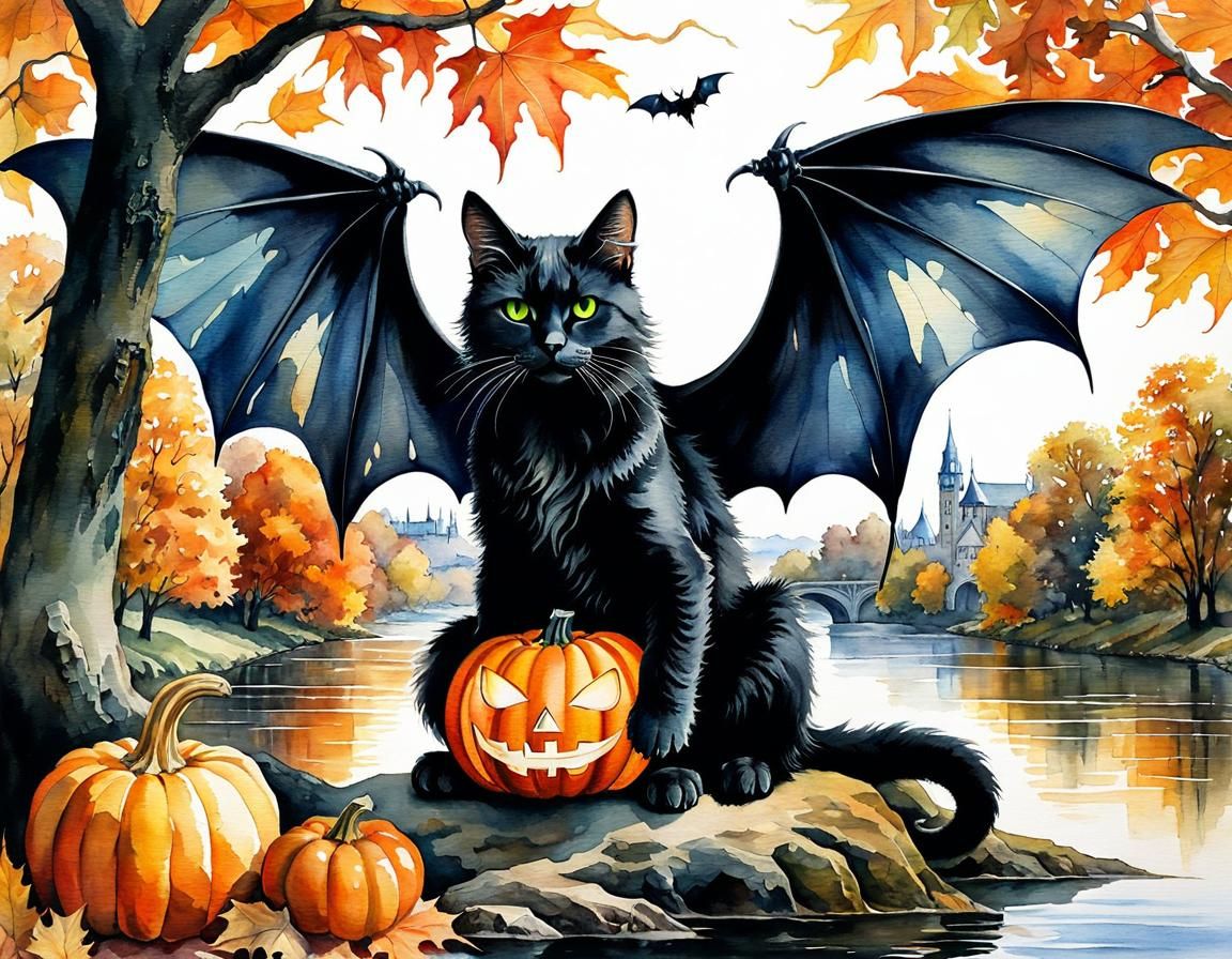 Cybercore Dragon-Cat in Dreamlike Autumn Landscape