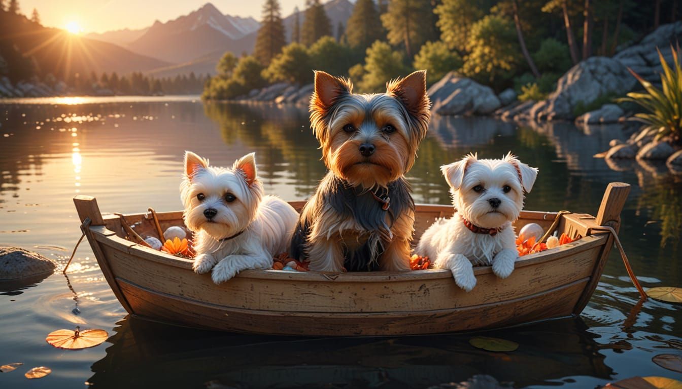 Dogs Relaxing in Boat at Sunset, Digital Painting
