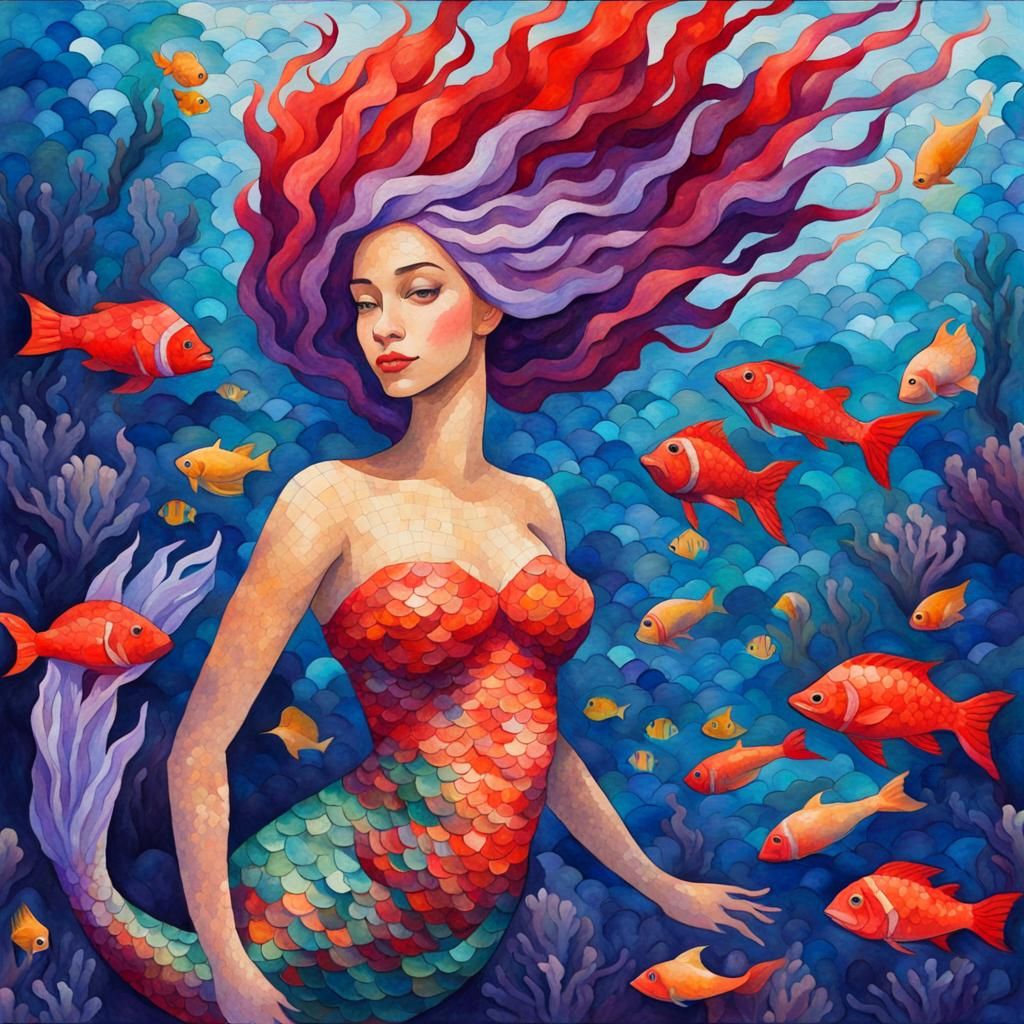 Vibrant Marine Life Mosaic in Gouache Style