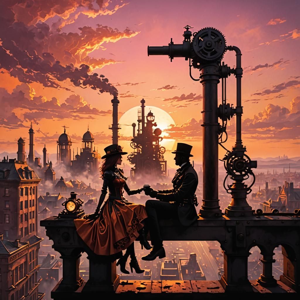 Steampunk Sunset Silhouette in a Cityscape