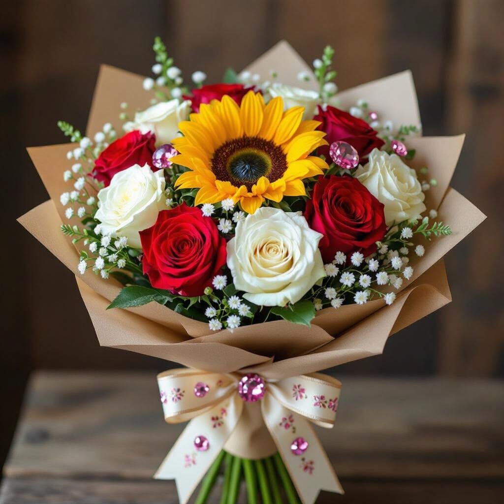 Whimsical Floral Bouquet with Roses and Sunflower
