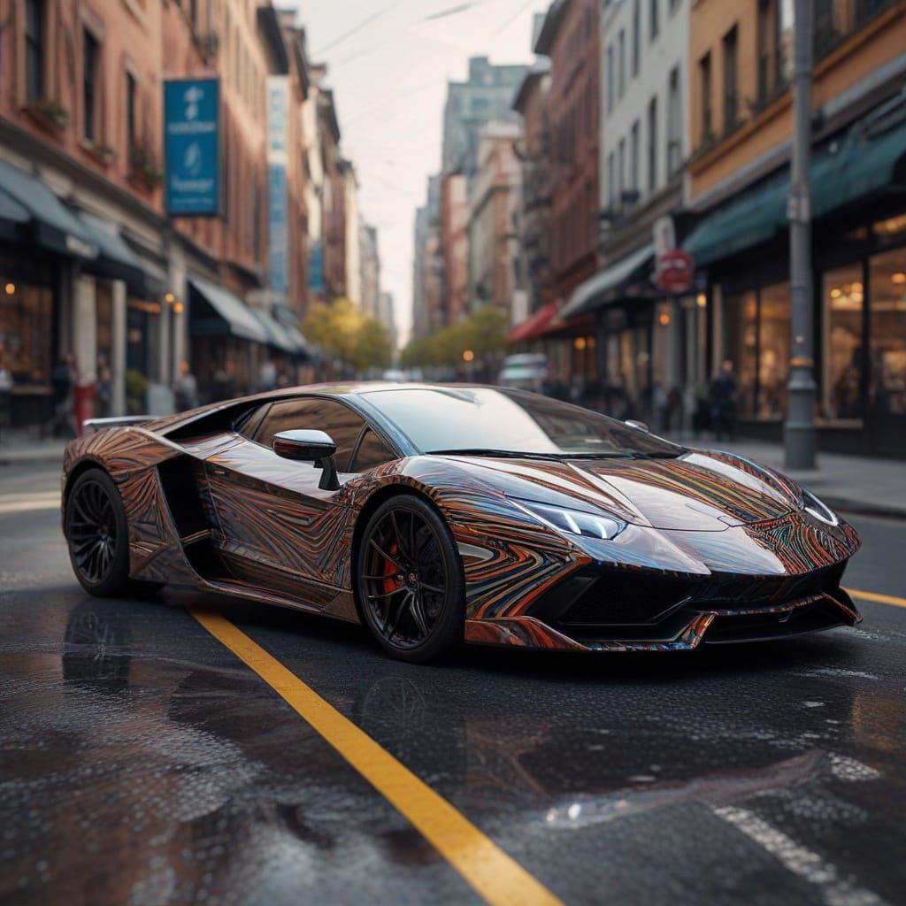Surreal Lamborghini Drives on Fordite City Streets in Hyper-...