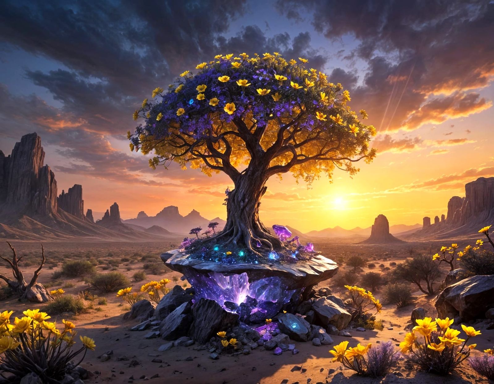 Bonsai Tree Amethyst Desert Sunrise in Dark Fantasy Style