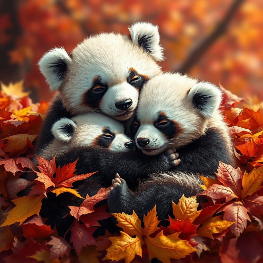Cute Baby Panda Sleeps With Mama Bear in Autumn Leaves