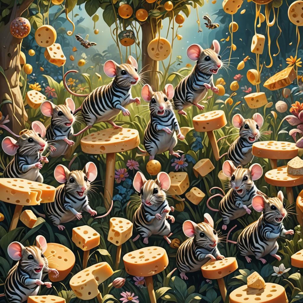 Golden Striped Mice in Cheese Garden: Digital Art