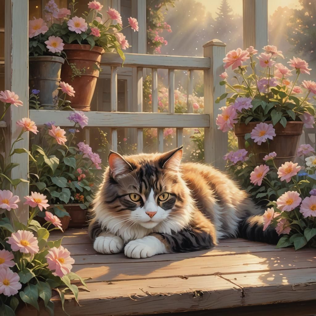 Cat on Flower Porch in Ethereal Style