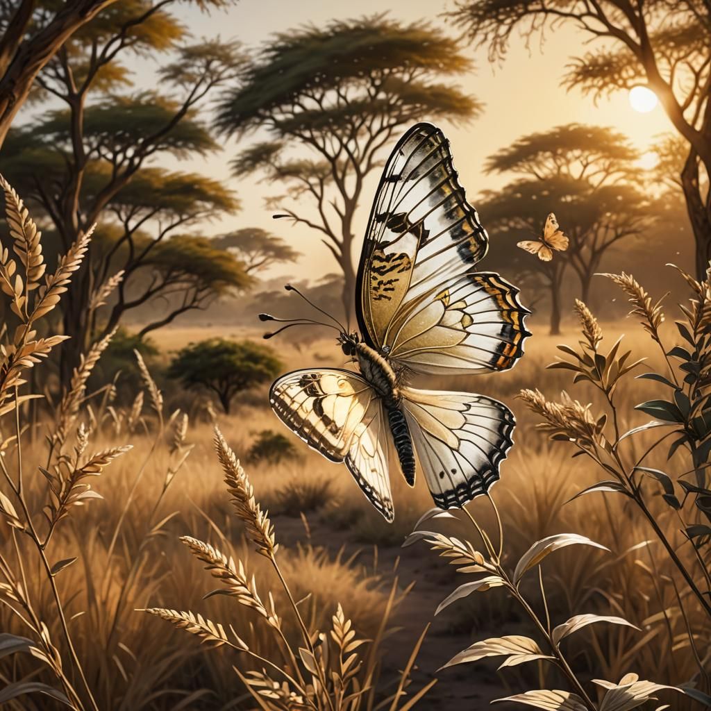 Gold Butterfly Soaring Over African Savannah at Dusk