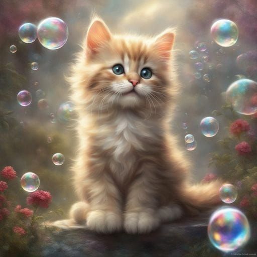 Fluffy Kitten Playing in Soap Bubbles: Digital Painting
