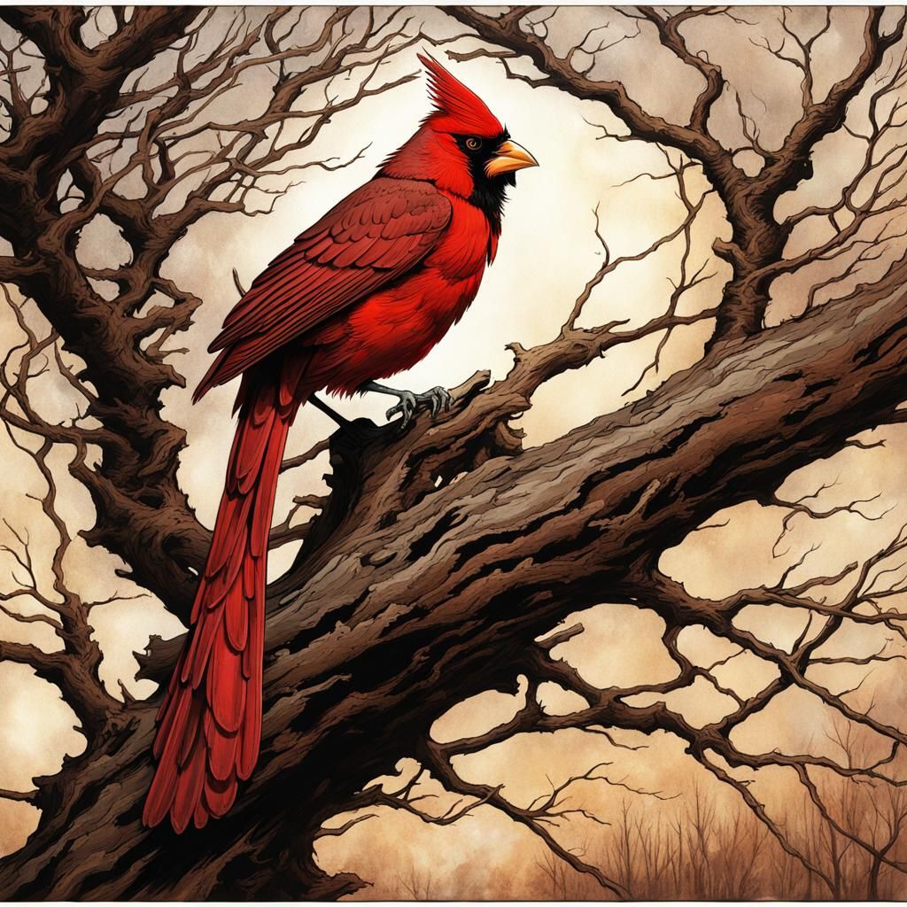 Cardinal on Branch in Magical Anime Style