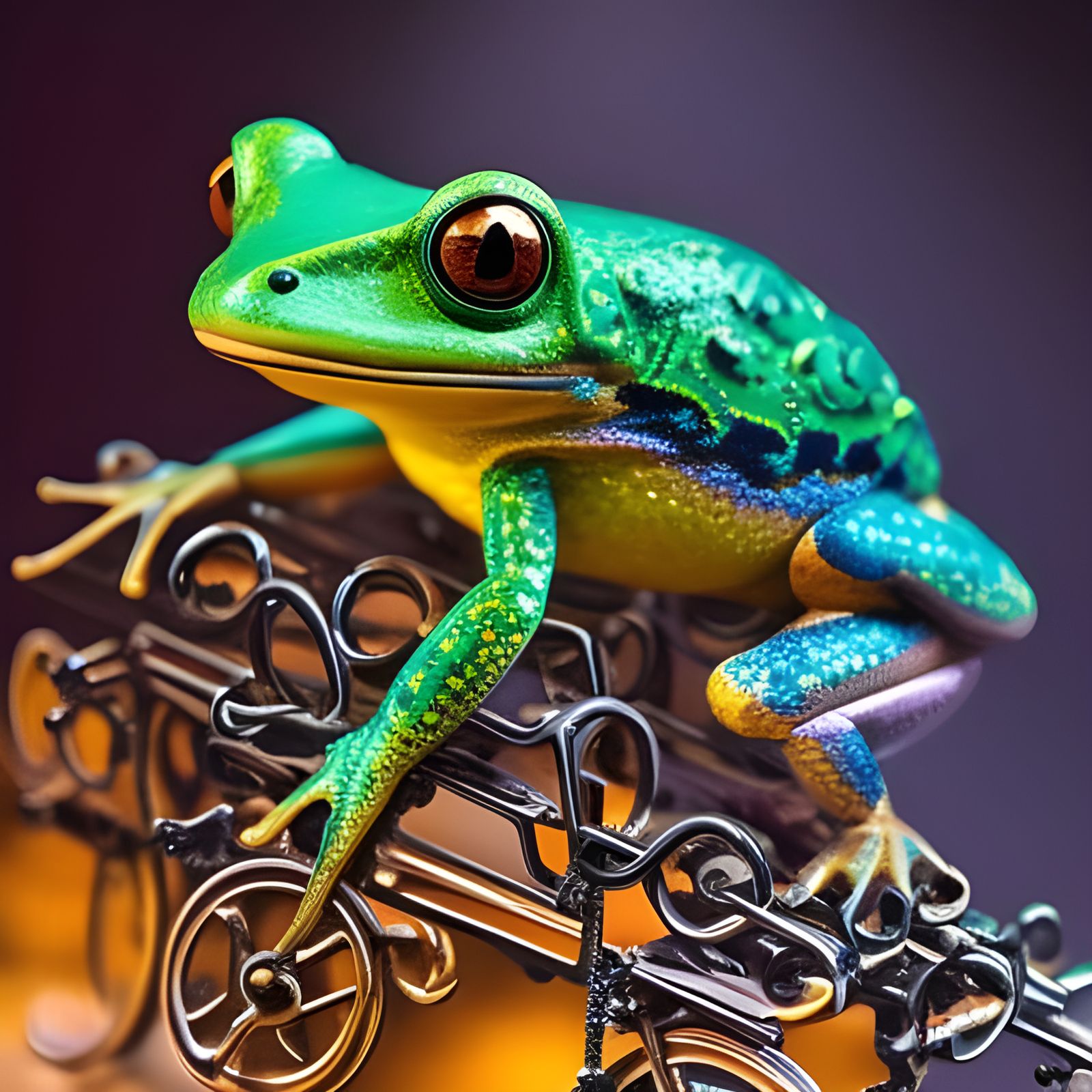 Cyberpunk Frog Rides Bicycle Through Future City