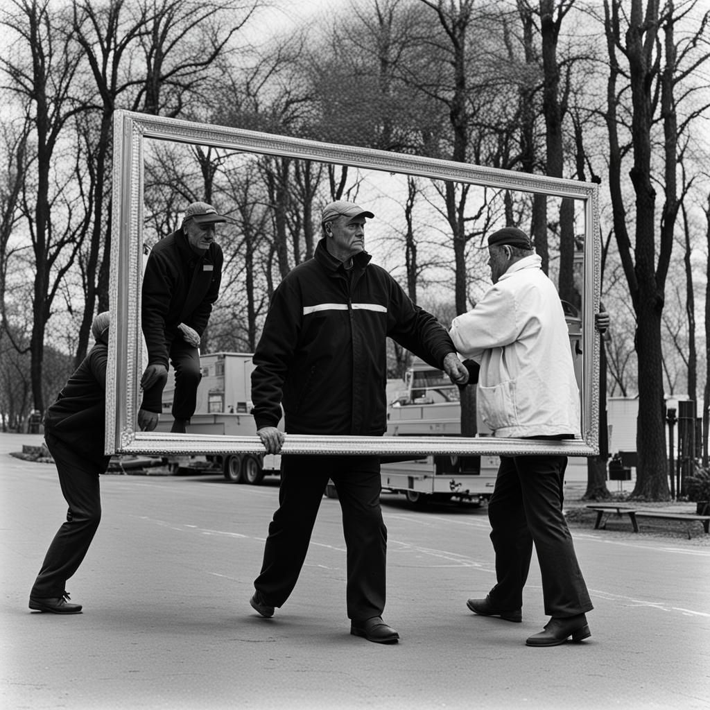 Two Men Transporting a Large Mirror