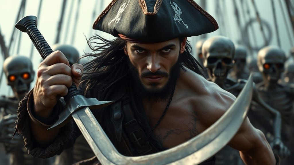 Pirate Captain Charges with Sword as Undead Crew Emerges