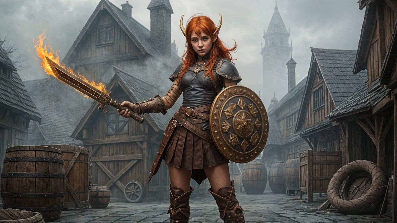 Heroic Red Headed Elf Wields Flame Scimitar