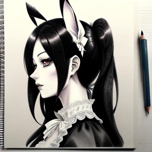 Gothic Anime Bunny-Girl Pencil Sketch in Notebook