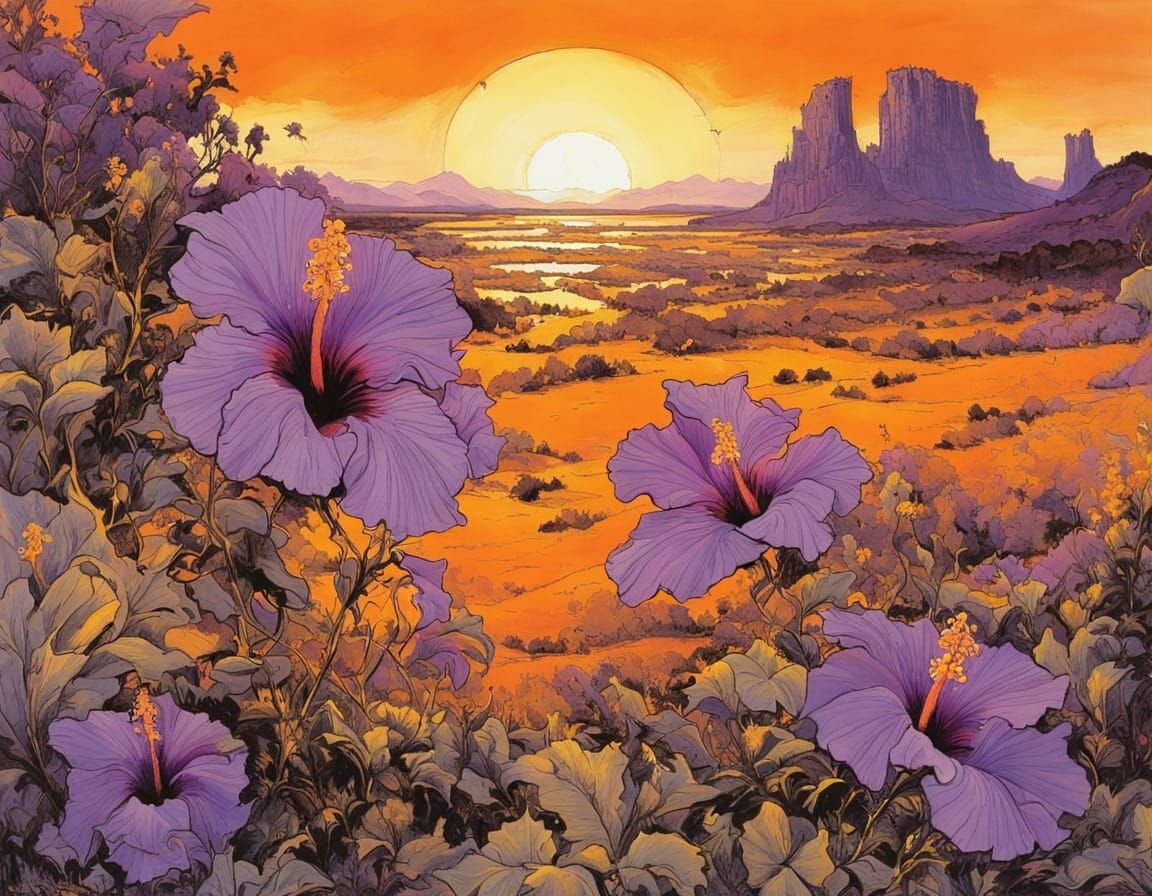 Vibrant Hibiscus Blooms in Warm Sunset Light