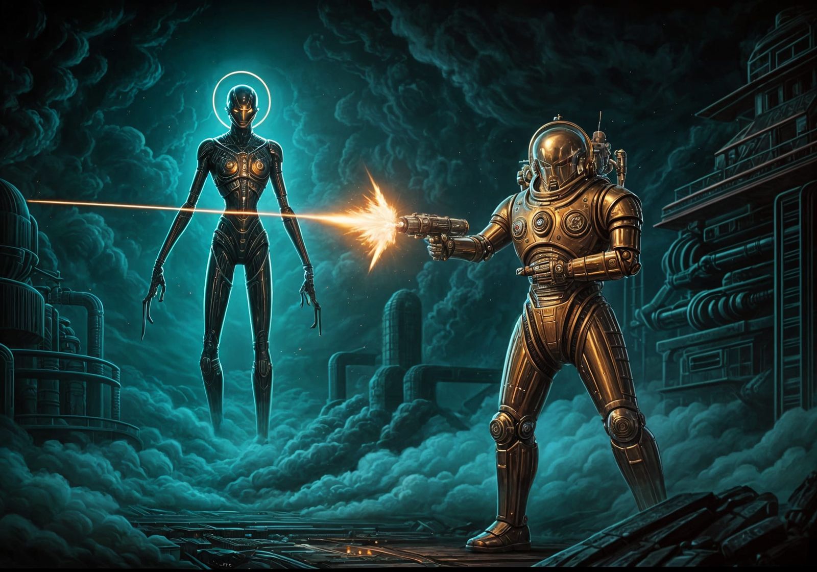 Art Deco Hardsuit Warrior Battles Alien in Cyberpunk Landsca...