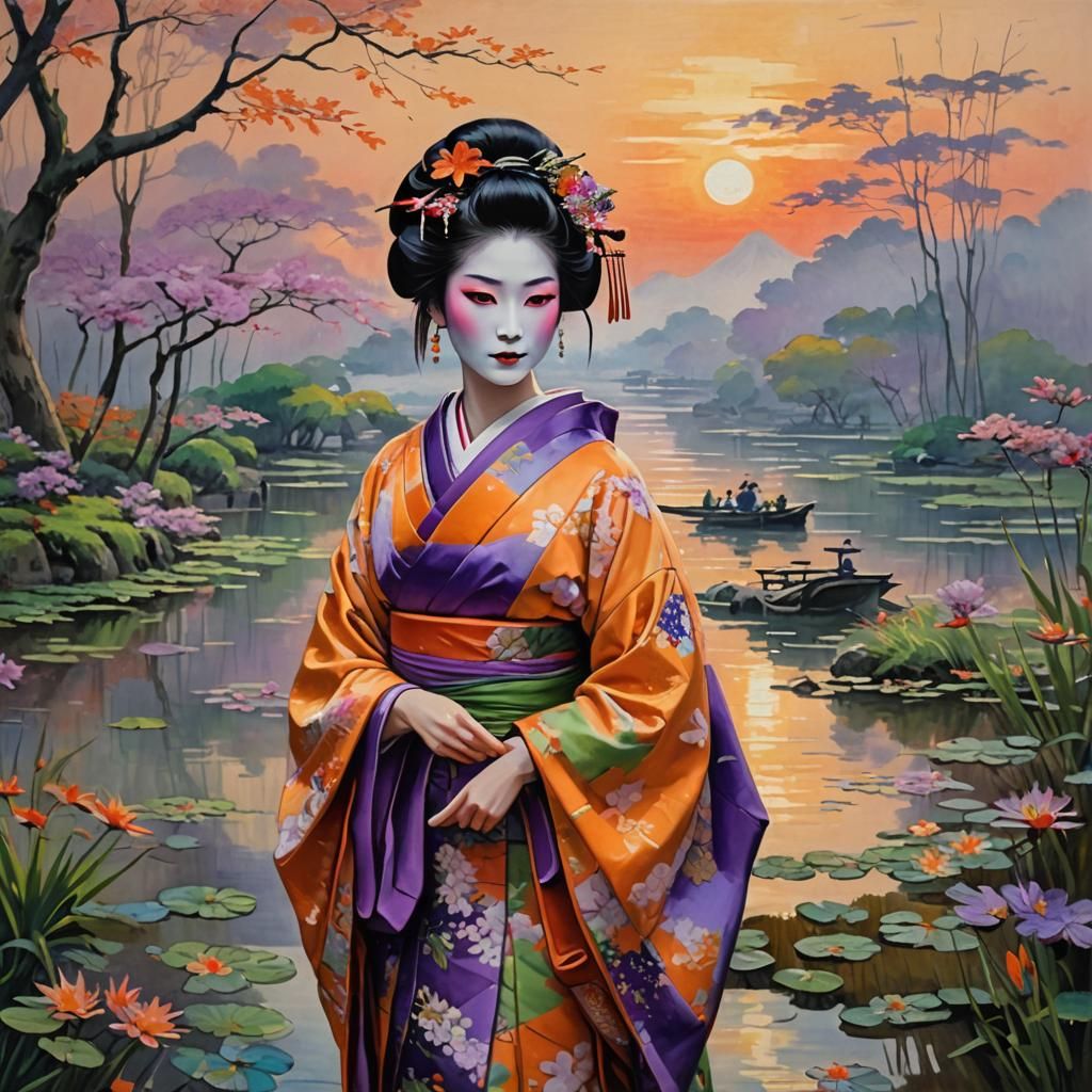 Geisha in Kimono with Impressionist Sunrise Background