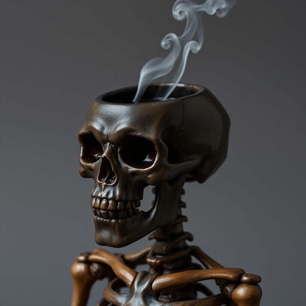 Surreal Skeleton with Coffee Cup Head Rises
