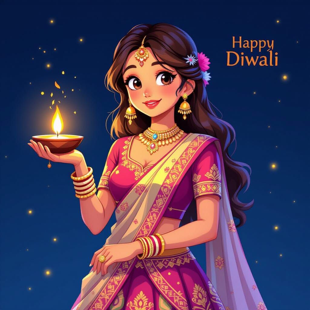 Teenage Girl with Glowing Diya in Anime Style