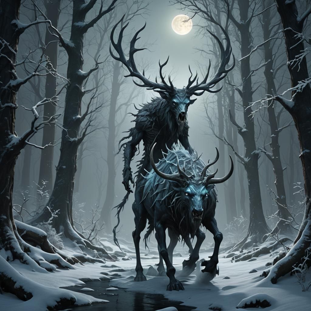 Spectral Wendigo in Moonlit Forbidden Forest