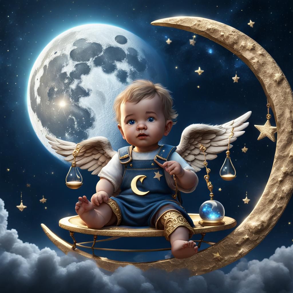 Angel Baby Boy on Moonlit Night Sky