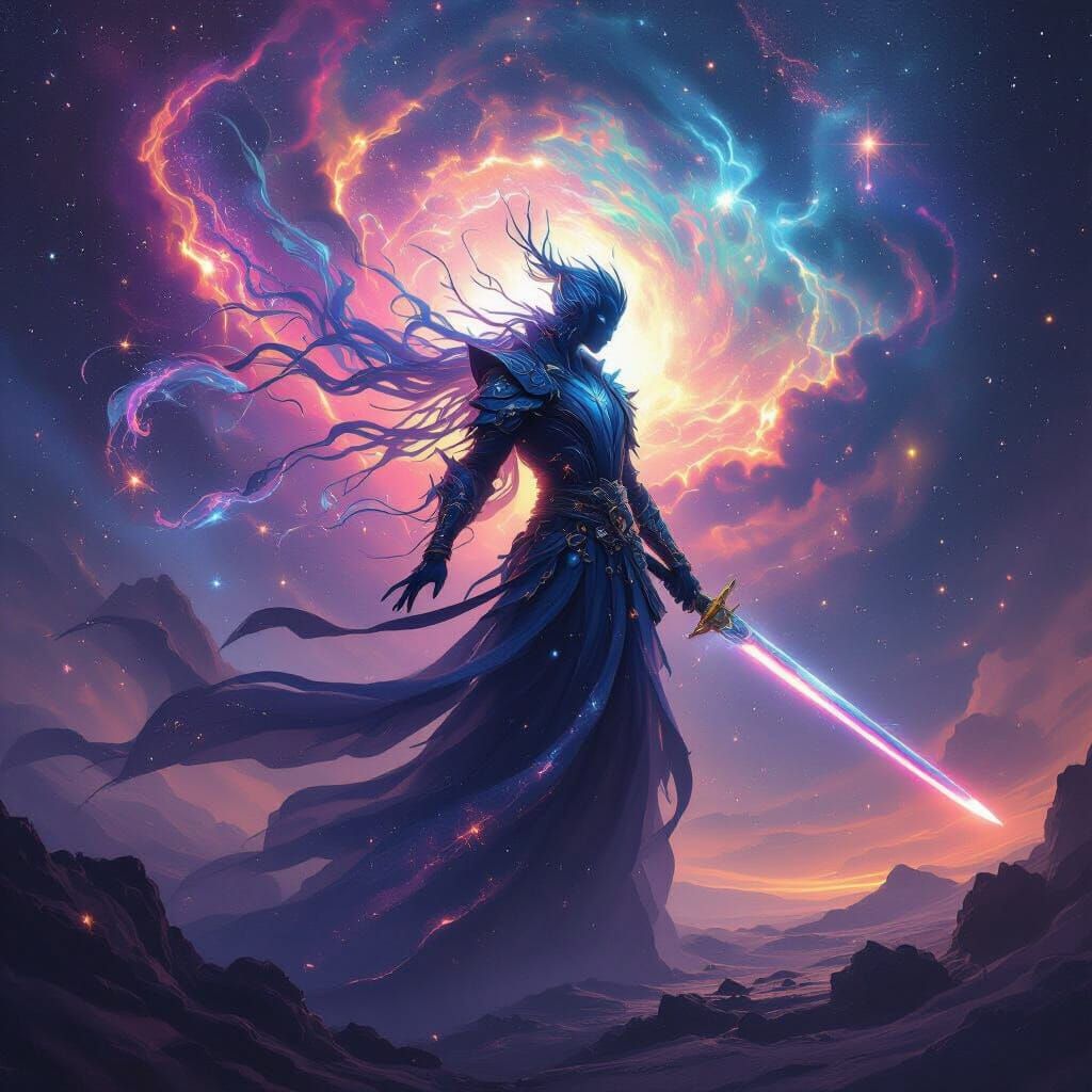 Cosmic Being Wielding Elemental Katana in Vibrant Galaxy