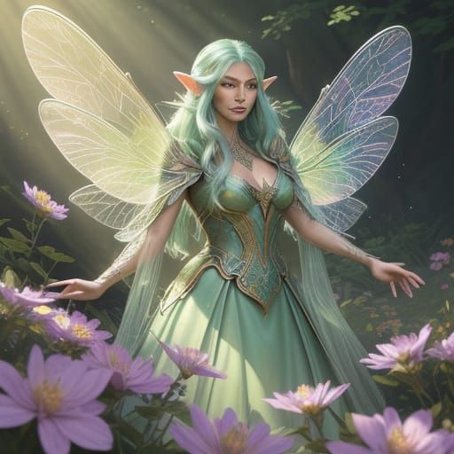 Photorealistic Elf with Dragonfly Wings in Sunlit Meadow