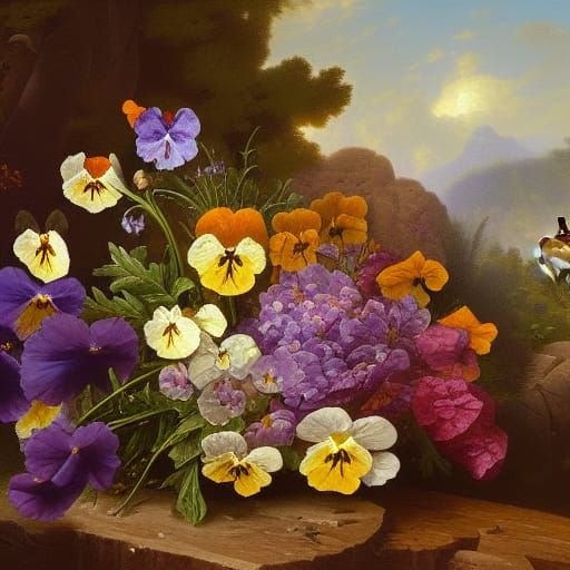 Bobcat and Pansies Still Life in Old Master Style